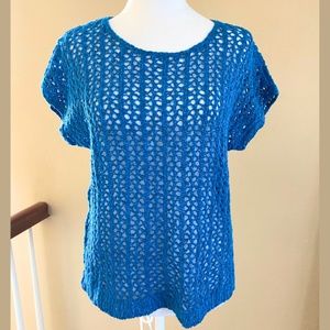 J. JILL Open Knit Sweater Blue Short Sleeve Casual Fit Crochet Top Size Small